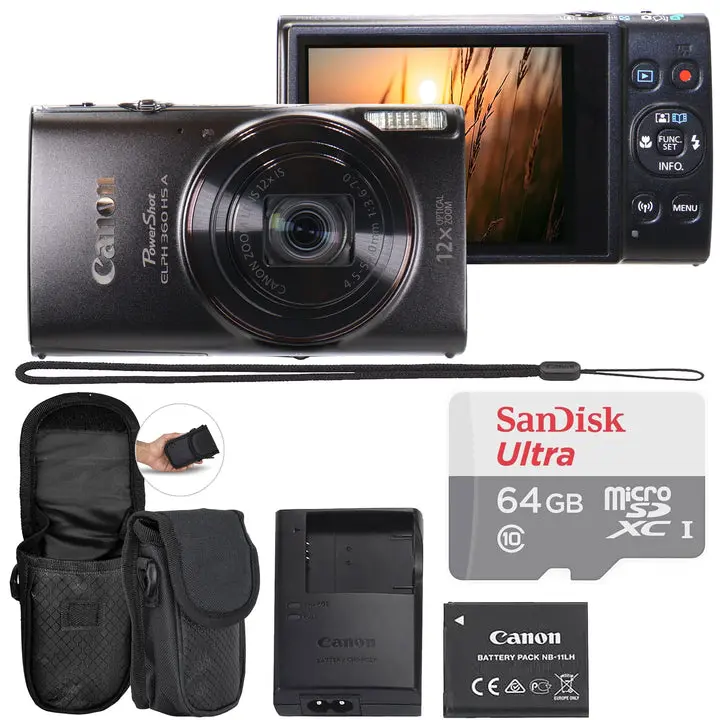 Canon PowerShot ELPH 360 HS A Digital Camera (Black) + SanDisk Ultra 64GB microSDXC Memory Card + Compact Protective Carrying Case