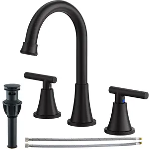 4 inch Matte Black Bathroom Sink Faucet with Pop-up Drain and Supply Lines 2-Handle Centerset Bathroom Faucet 360 Swivel Spout Bathroom Vanity Sink Faucets for Sink 3 Hole