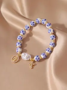 Blue and White Porcelain Beaded Bracelet Chinese Style with Pearl Cross Pendant