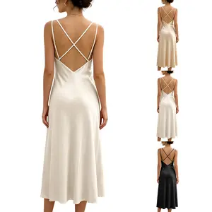 JovenPara French Satin Slip Maxi Dress, Silky Draped V-Neck with Crisscross Open Back, Elegant Midi Dress for Casual & Vacation, Lady, Women