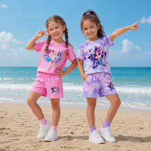 Girls 2 Pack Summer Outfit Sets Cartoon Graphic Short Sleeve T-Shirt and Shorts Set Cute Casual Clothes for Toddler Girls