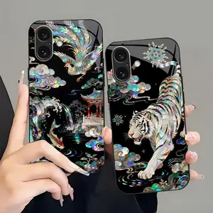 Luxury mother of pearl case with gold foil and mythical dragon design, iridescent holographic cover for iPhone 17/16/15/14/13 Pro Max and Samsung S26/S25/S24 — 975 tiktokshopspringglowup