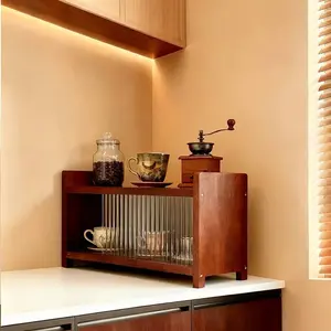 Vintage Solid Wood Storage Cabinet, Wooden Storage Cabinet, Dustproof Design, Long Glass Shelves, Instant Use for Living Room, Office, Coffee Cups, Tea Jars