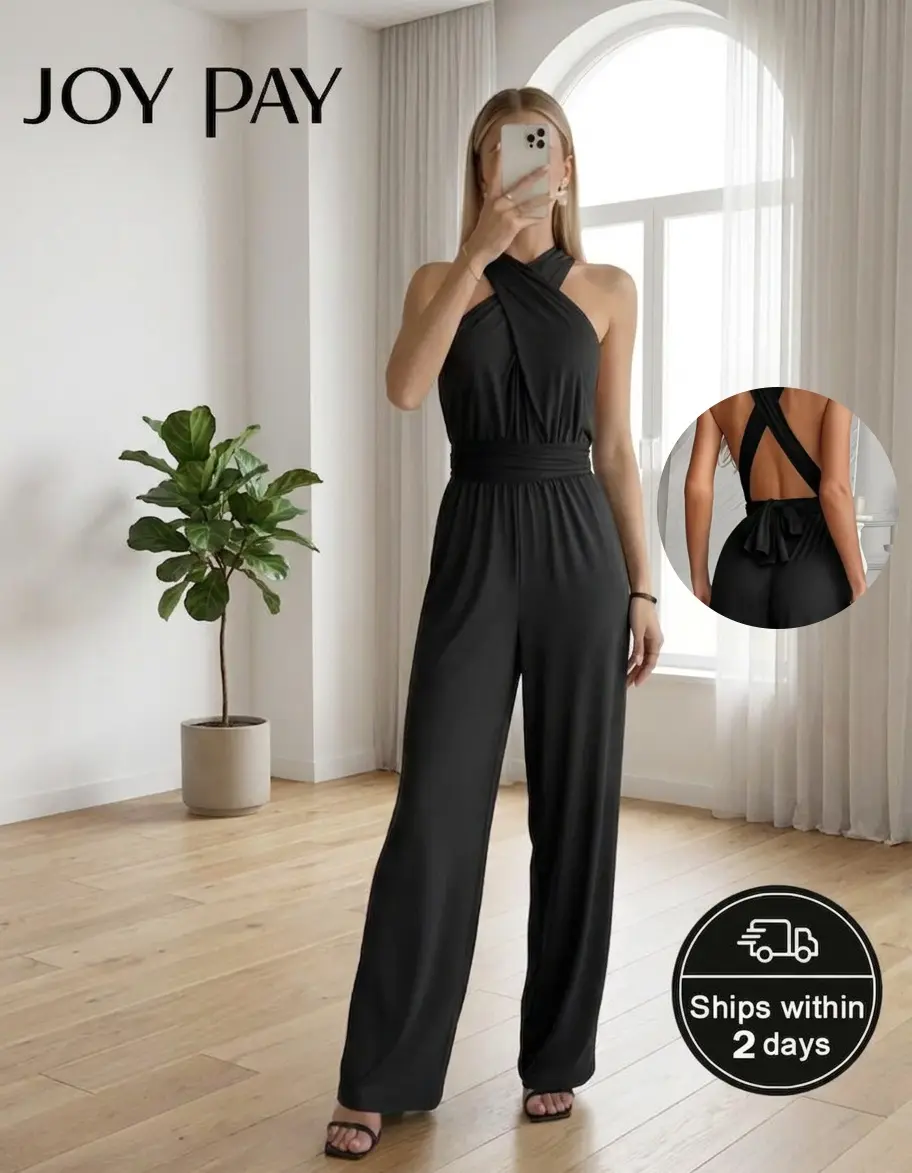 JOYPAY Women's Black Halter Overalls - Chic Fitted, Sleeveless, Cross Neckline, Waist Wrap Detail, Soft Breathable Fabric, Stylish Full-Length Jumpsuit with Accessories, for Evening, Special Occasions, Jumpsuits For Women