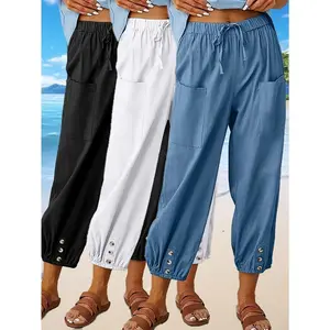 3-Pack of Loose-Fitting High-Waisted Buttoned And Linen Cropped Wide-Leg Unisex Pants with Pockets for Easy Outings. Casual Trousers, Elastic Waist Womenswear Bottom