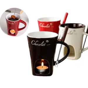 Romantic Date Night Chocolate Fondue Mug Set - Heartwarming Mini Ceramic Melting Pot for Two - Sweeten Your Moments with Tea Light Candle & 2 Dipping Forks - 7oz Personal Dessert Warmer - Ideal Anniversary Gift for Her/Him