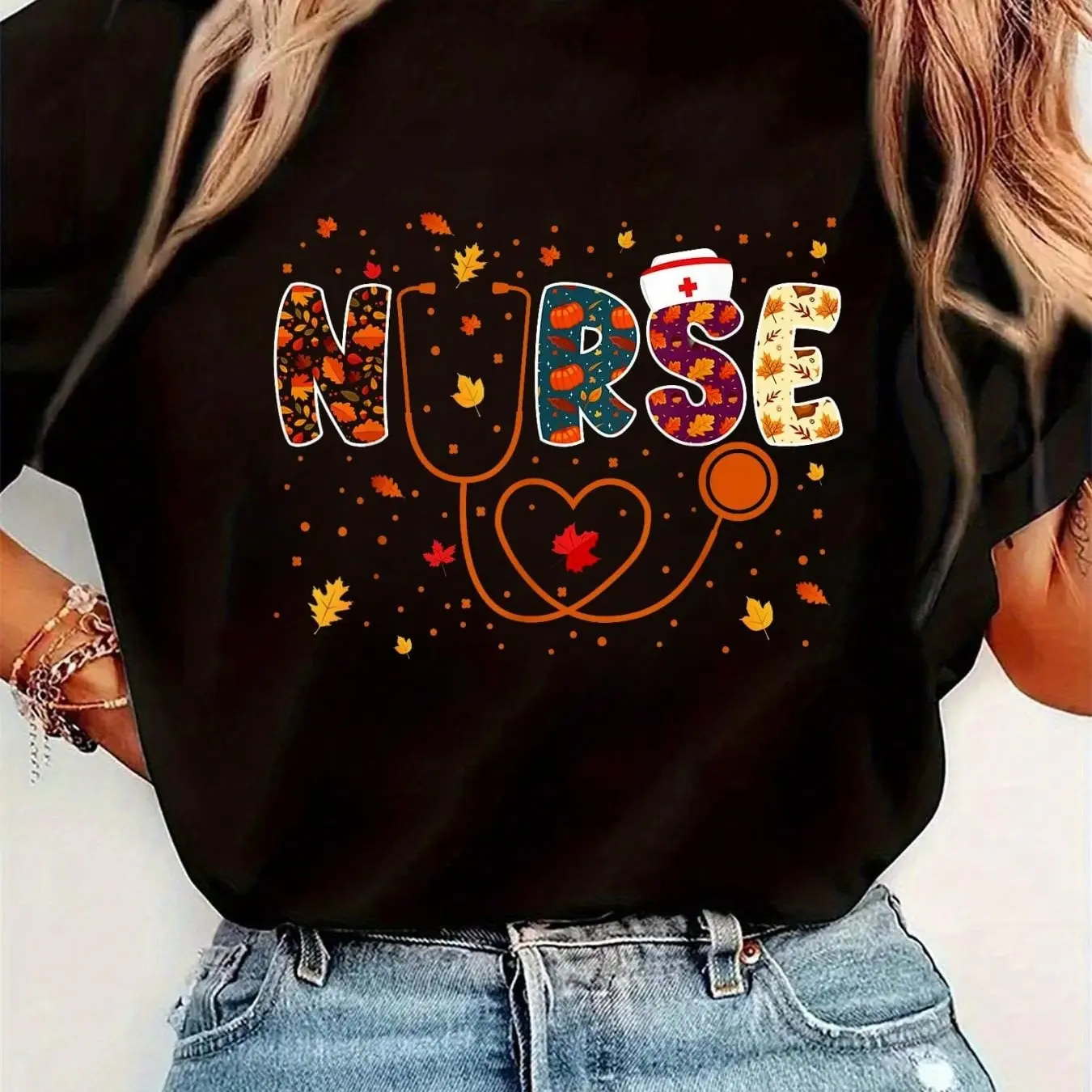 Thanksgiving Nursing Day Stethoscope Fall Nurse Costume TShirt Womens Round Neck Short Sleeve T-Shirt Fashion Graphic Te