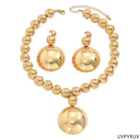 UVPYRUX Women's 2-Piece Gold Jewelry Set - Elegant Chain Necklace Set with Gold-Coated Beads, Plain Pendant & Stud Earrings for Weddings, Bling Style Fashion Accessories