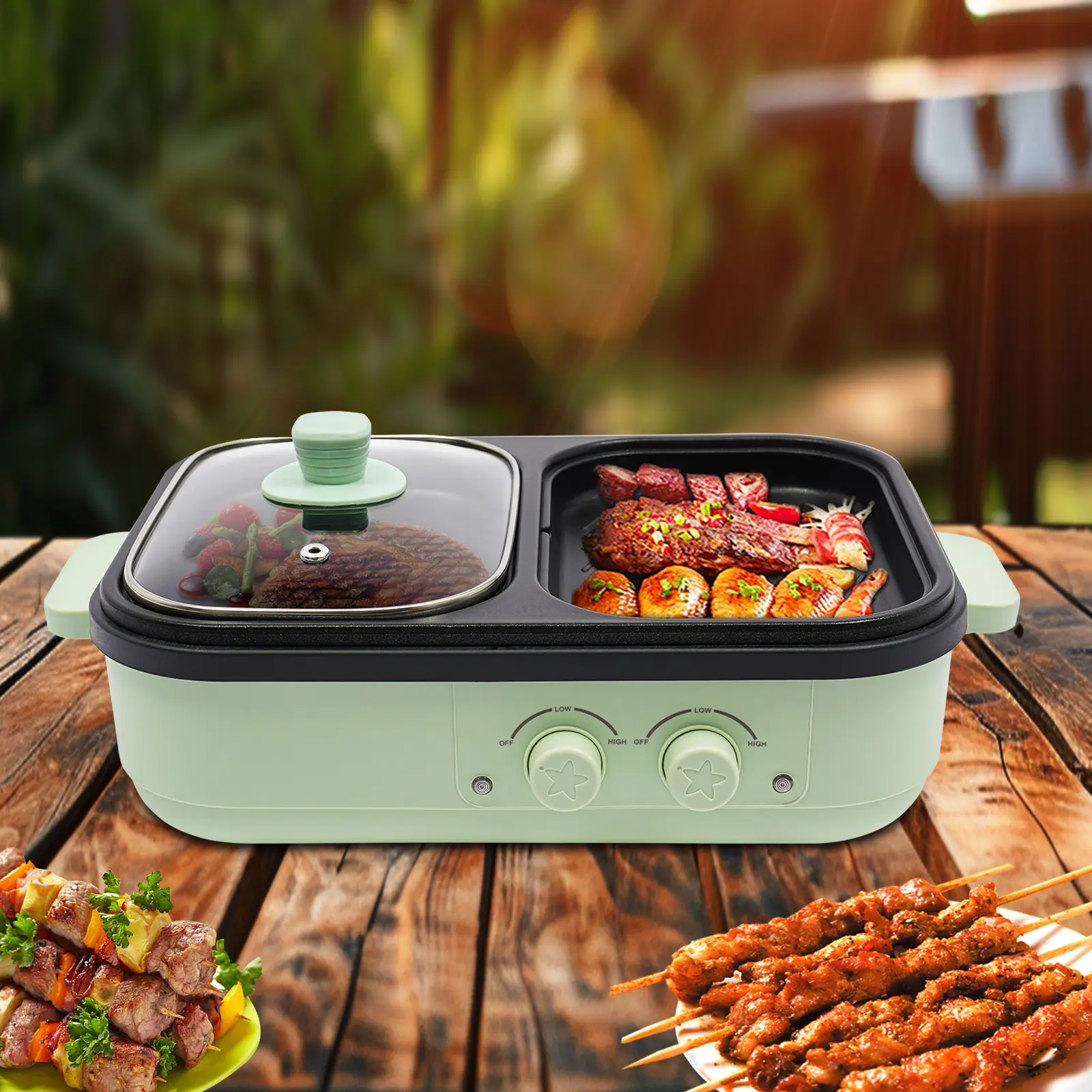 CNCEST 2-in-1 Multifunctional Cooker Steamboat Pan - 1300W Corded Electric Hot Pot with Grill, Dual Heating Zones, Independent Controls, Food-Grade Aluminum Alloy, Non-Stick Coating, Modern Compact Portable Family Kitchen Appliance (US Plug)