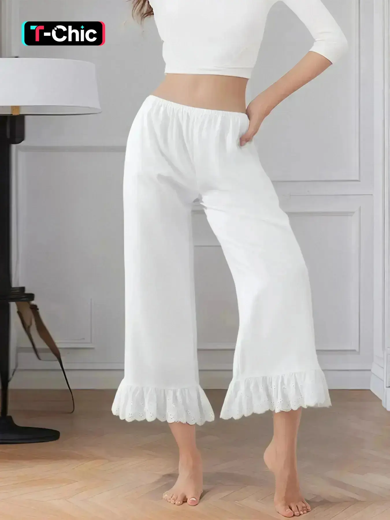 Ladies' solid color lace wide leg pants - casual daily wear - suitable for all seasons Women