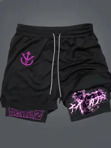 Anime Prints 2-In-1 Drawstring Waist Shorts, Quick-Dry Swim Trunks, Swimming Shorts, Swimwear Shorts, Loose Fit with Pockets, Ideal for Summer & Workout Wear, Shorts Men