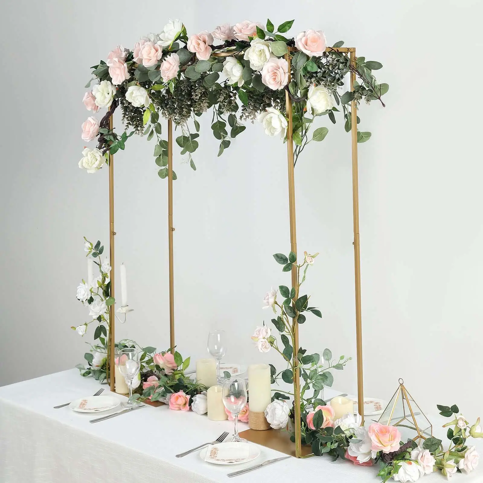 Gold Metal Adjustable Flower Arch Stand with Arch Support, 48 in Tall Over-The-Table Frame - Party Decoration, Wedding Floral Table Centerpiece, with Tools