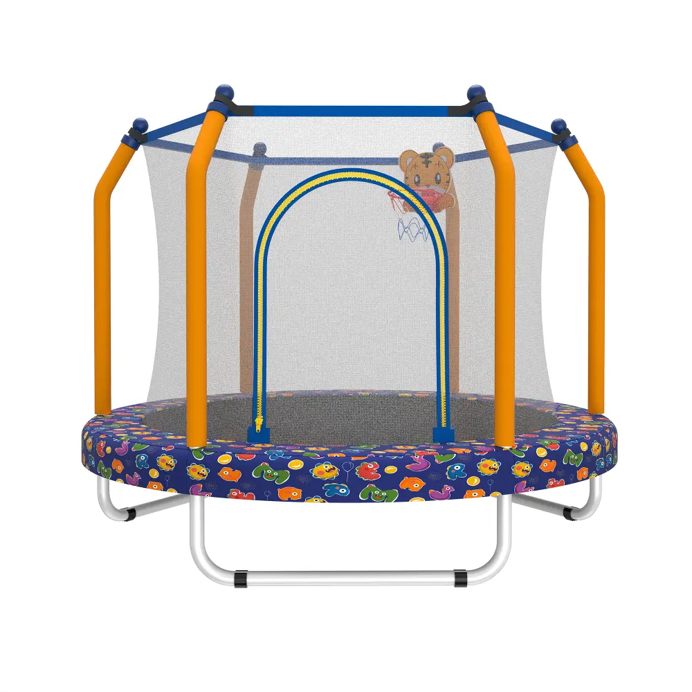 55-inch Round Toddler Trampoline - ASTM Safety Approved, Indoor-Outdoor Use, High Quality Safety Net, Thick Foam, Basketball Hoop, 50 kg Great Bouncing Power Capacity