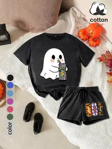 Women's washed distressed retro style casual trendy short-sleeved and shorts suit, Halloween theme printed women's summer suit