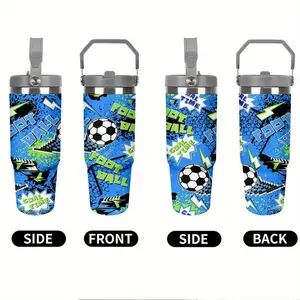 1 30Oz stainless steel football thermos cup with lid and straw, bright football design, large capacity, durable 304 stainless steel, the perfect gift for sports fans, suitable for home, travel, outdoor, summer and winter use