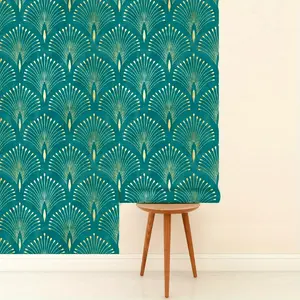 wallpaper Peel and Stick Wallpaper - Elegant Teal & Golden Leaf Waterproof, Removable Mural for Home Decor, Indoor Wall Art, 17.7in x 6.5ft, Modern Living Room Accent, Vinyl, Portrait, Rectangle