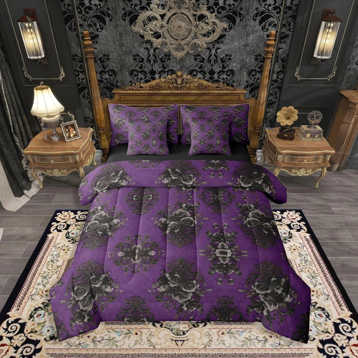 Purple Damask Gothic Rose Black Women Comforter Set 7 Pieces | Paisley Floral Flowers Bed in A Bag Victorian Baroque Romantic Bed Set Adults Bedding