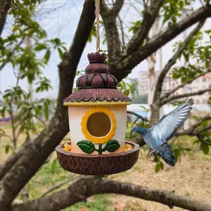 1pc Farmhouse Sunflower Theme Hanging Bird Feeder, Vintage Thatched Roof Design, Outdoor Garden Eco Landscape Decoration, Bird Feeders For Outdoors