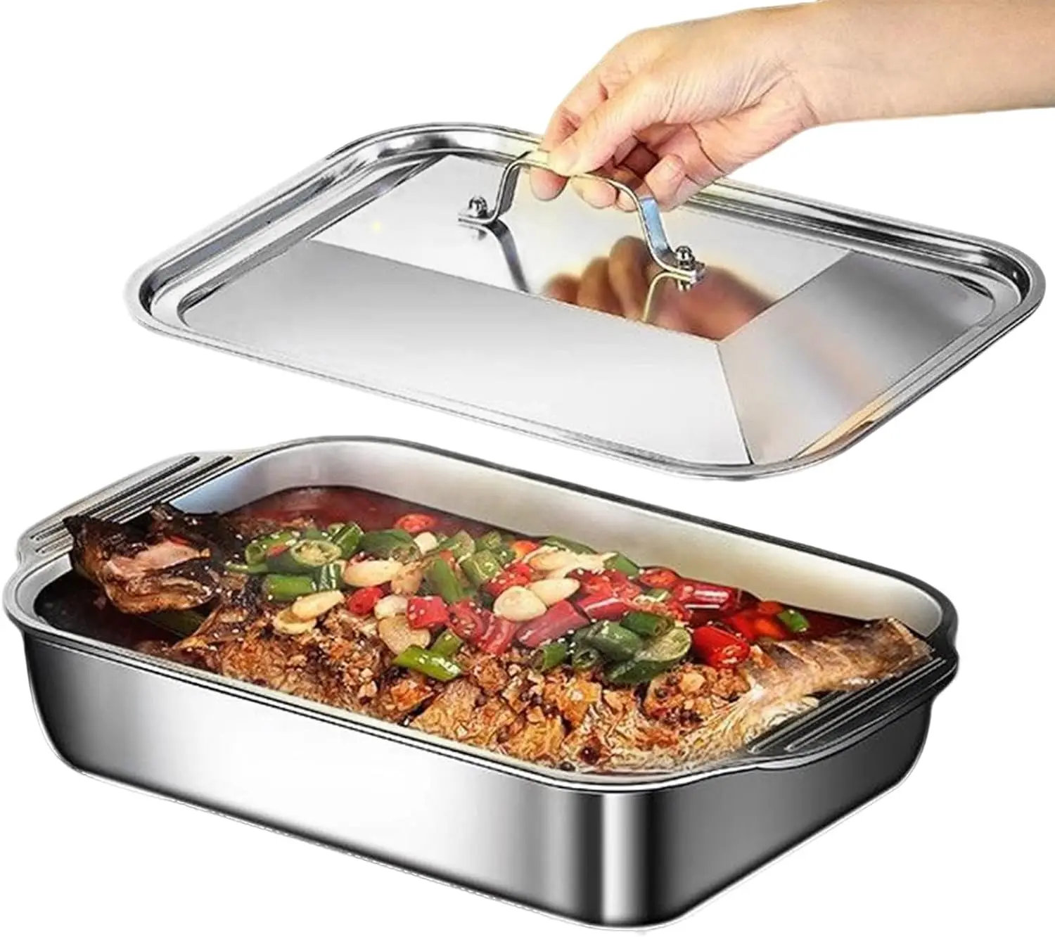 2 Pack Stainless Steel Chafing Dish Food Pan with Lid, Large Buffet Serving Pan, Catering Food Warmer Tray, Hotel Restaurant Party Serving Container for Meat, Pasta, Vegetables and Side Dishes