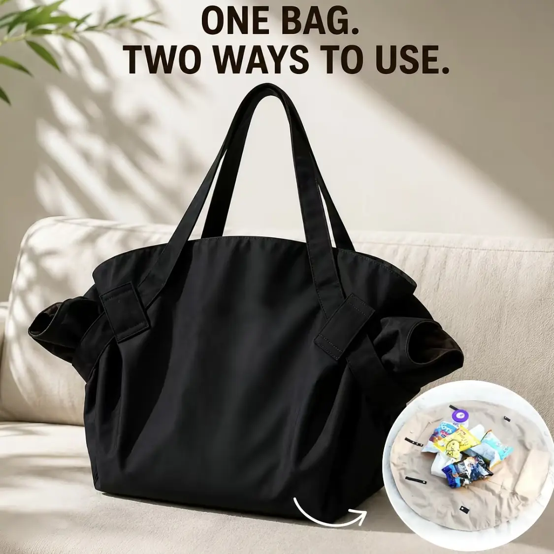 Multifunctional magic waterproof tote bag with adjustable strap, can be worn as a shoulder or crossbody bag, perfect for beach picnics, gym, and grocery shopping.