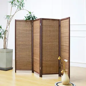 4-Panel Short Room Divider Screen, Brown Freestanding Partition, Small Bamboo Panel Divider for Room Separation, 3.95 ft Tall