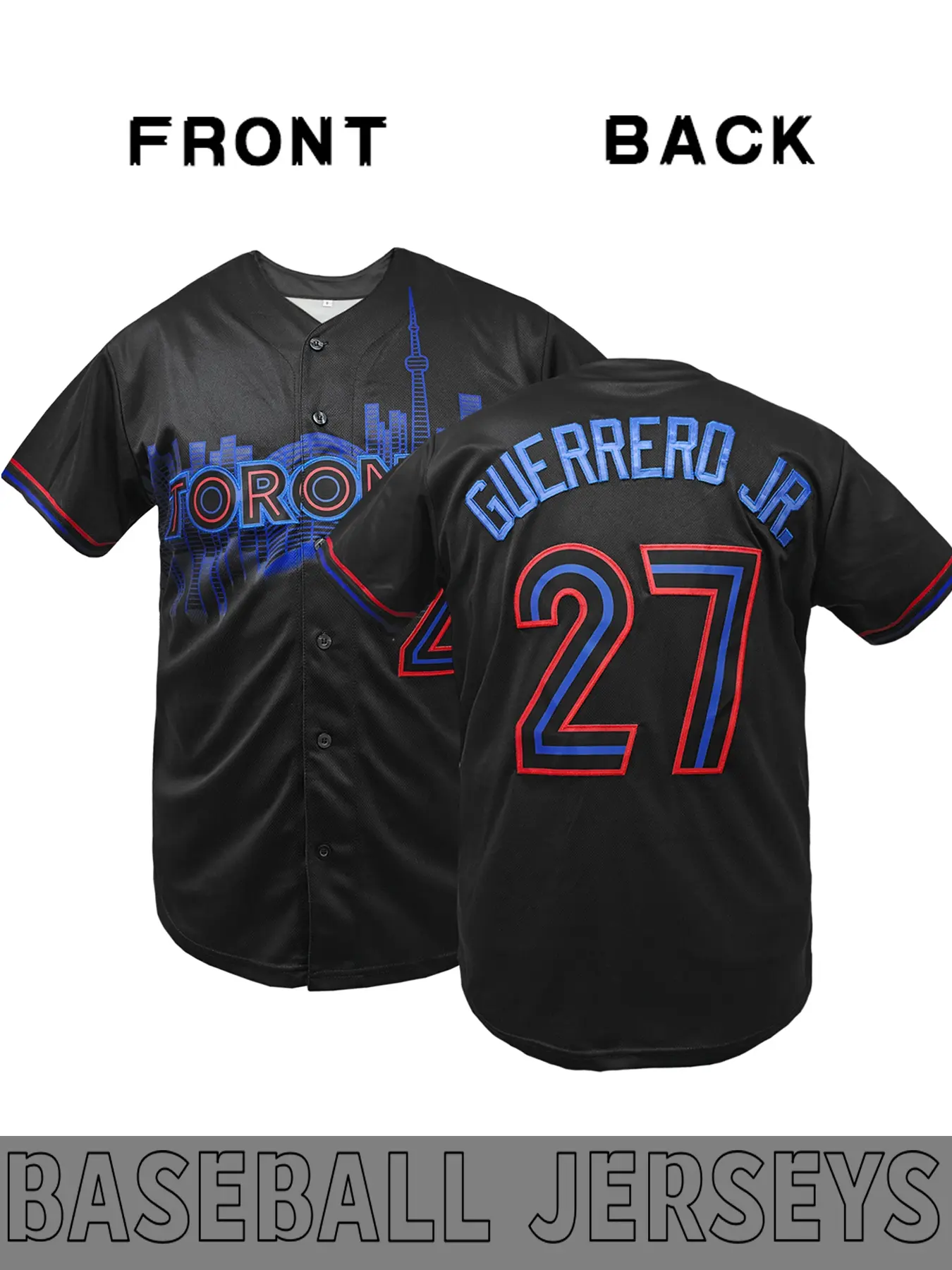 Men's # 27 black vintage baseball jersey, Toronto letter embroidery, retro item with red, black, and blue contrasting design for numbers+trendy jersey, city exclusive outfit suitable for trendsetters to keep in private. 1 piece Jersey Shirts