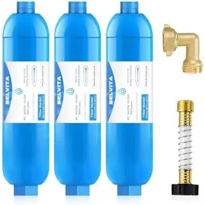 RV Inline Water Filter with Solid Brass 90  Hose Elbow, Eliminates  and  On RV Water Intake Hose Fittings(3 Pack)