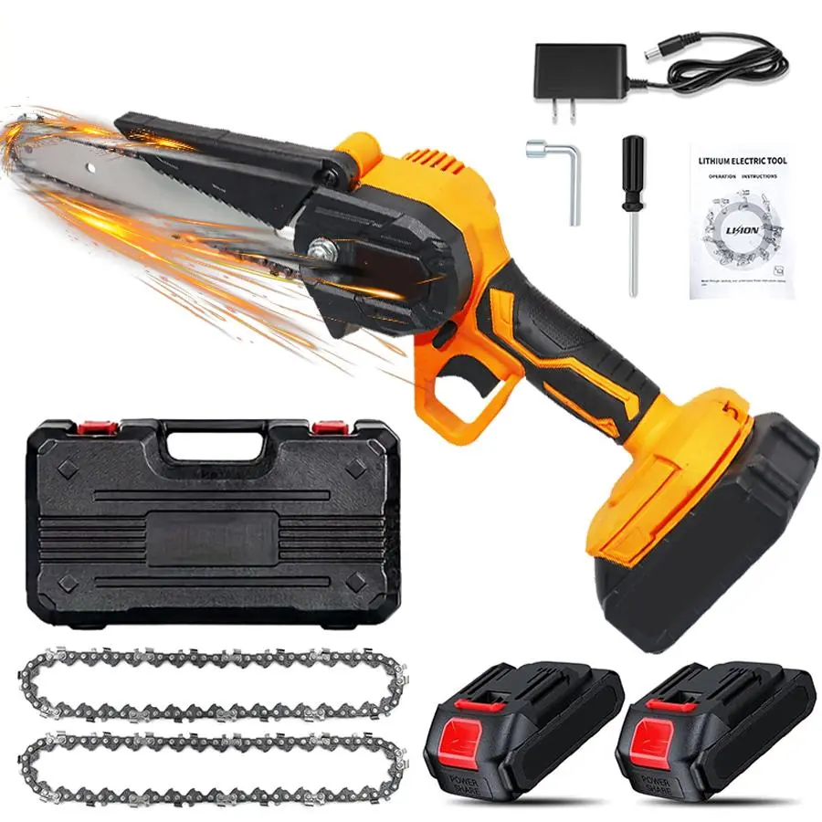 6-Inch Mini Cordless Electric Chainsaw, Upgraded Portable Handheld Plastic Work Tool for Tree Trimming, Wood Cutting, Garden Use, Tools and Gadgets with 2 Batteries, 2 Chains, Father's Day Gifts, Cool Outdoor Stuff, Clearance Sale