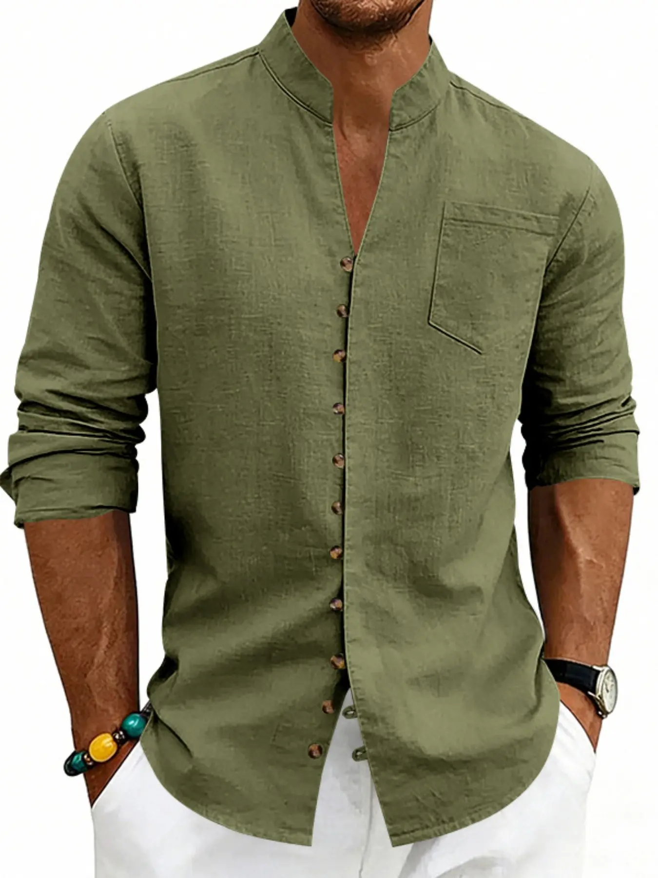 Men's All-Season Solid Color Linen Blend Stand Collar Shirt, Roll-Up Long Sleeve Casual Button-Down Top with Chest Pocket for Beach, Vacation & Daily Wear, Multi-Color Options, Menswear