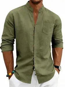 Men's All-Seasons Outfits Solid Color Linen Blend Fabric Stand Collar Shirt, Roll-Up Long Sleeve, Casual Button-Down Top with Chest Pocket for Beach, Vacation & Daily Wear, Multi-Color Options, Menswear