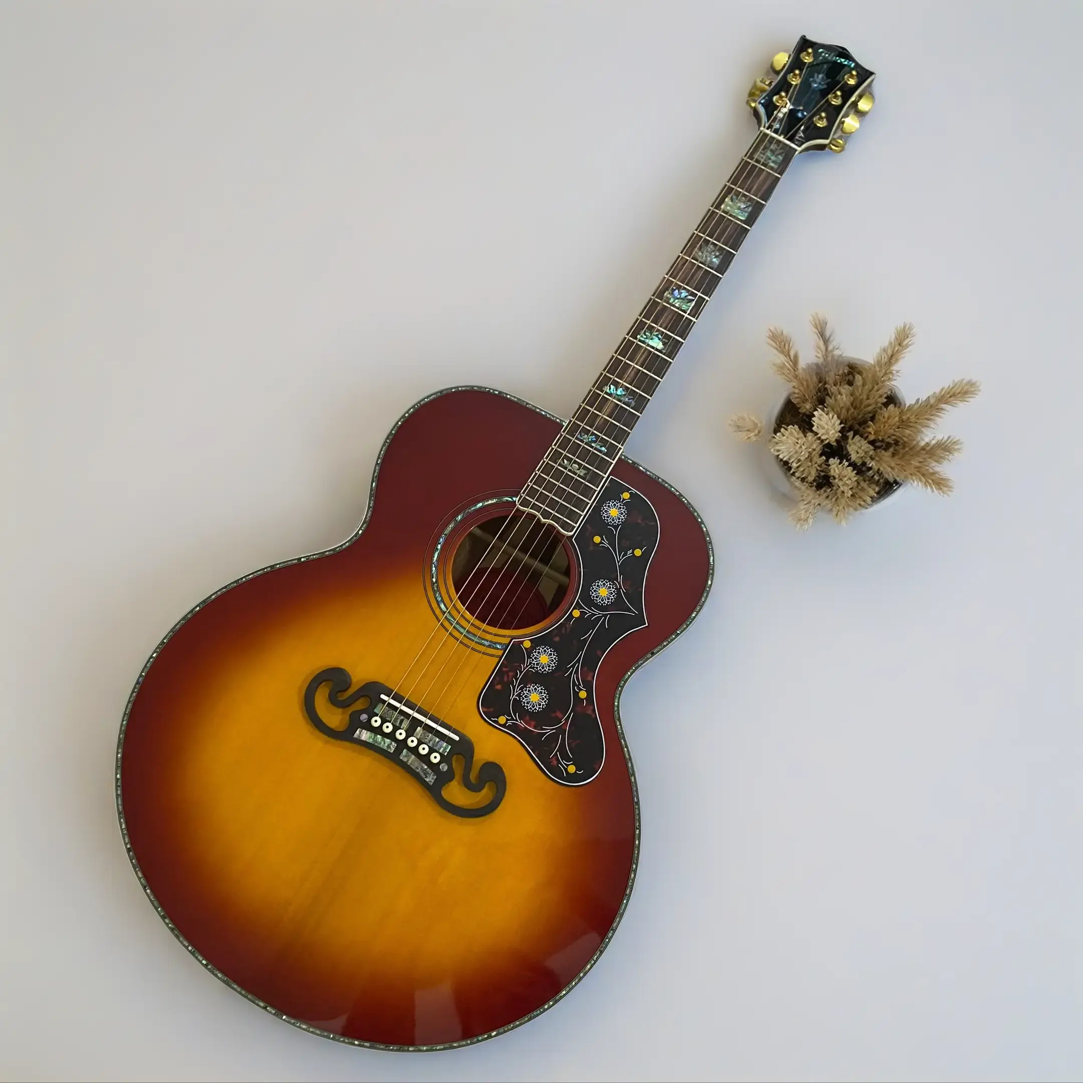 J200 Jumbo Body Acoustic Guitar - Sunset Gradient, Solid Spruce Top, 6 Strings, Abalone Inlay Luxurious Fretboard with Precise Fret Markers for Performance, Luxurious Fretboard Design