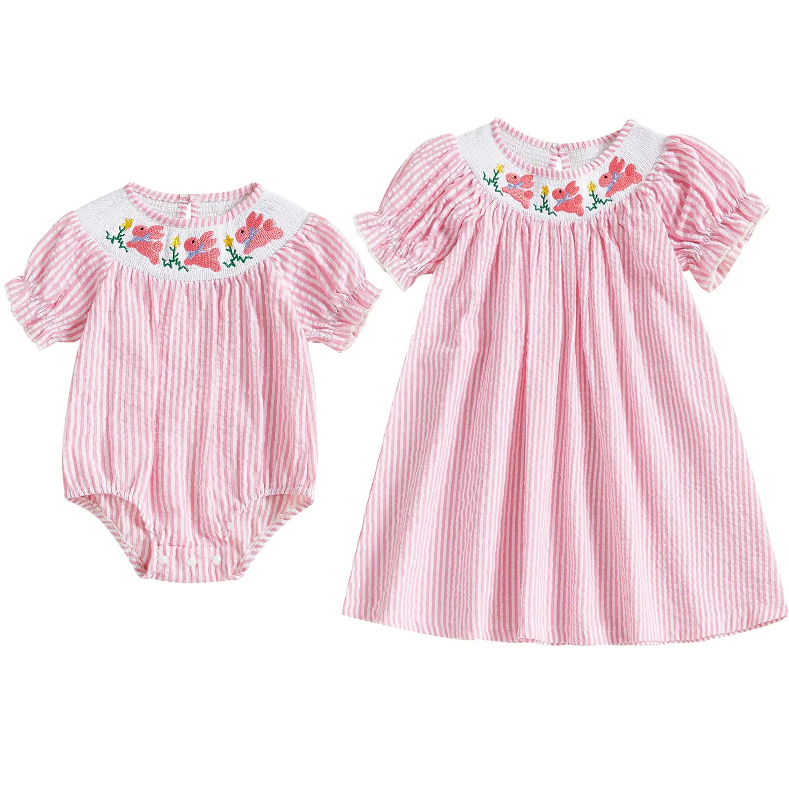 Big/Little Sister Matching Easter Outfits Baby Girl Easter Outfit Smocked Romper Dress Rabbit Embroidery Short Puff Sleeves Bodysuit Jumpsuit Spring C