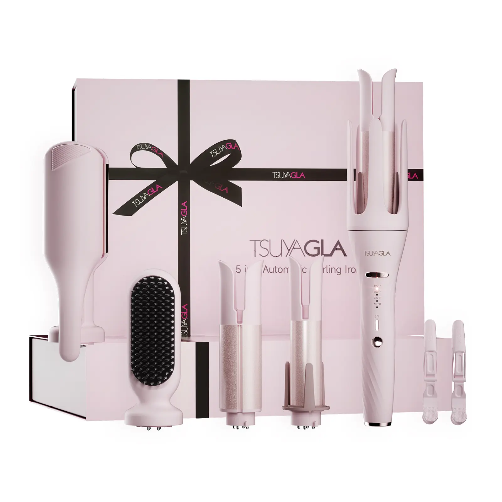TSUYAGLA 5 in 1 Automatic Curling Iron Set with Interchangeable Barrels - 1", 1.25", 1.5" Curling Wand, Hair Crimper & Straightening Brush, Rotating Ceramic Curler, 3 Temp, Dual Voltage, Anti-Scald, Pink