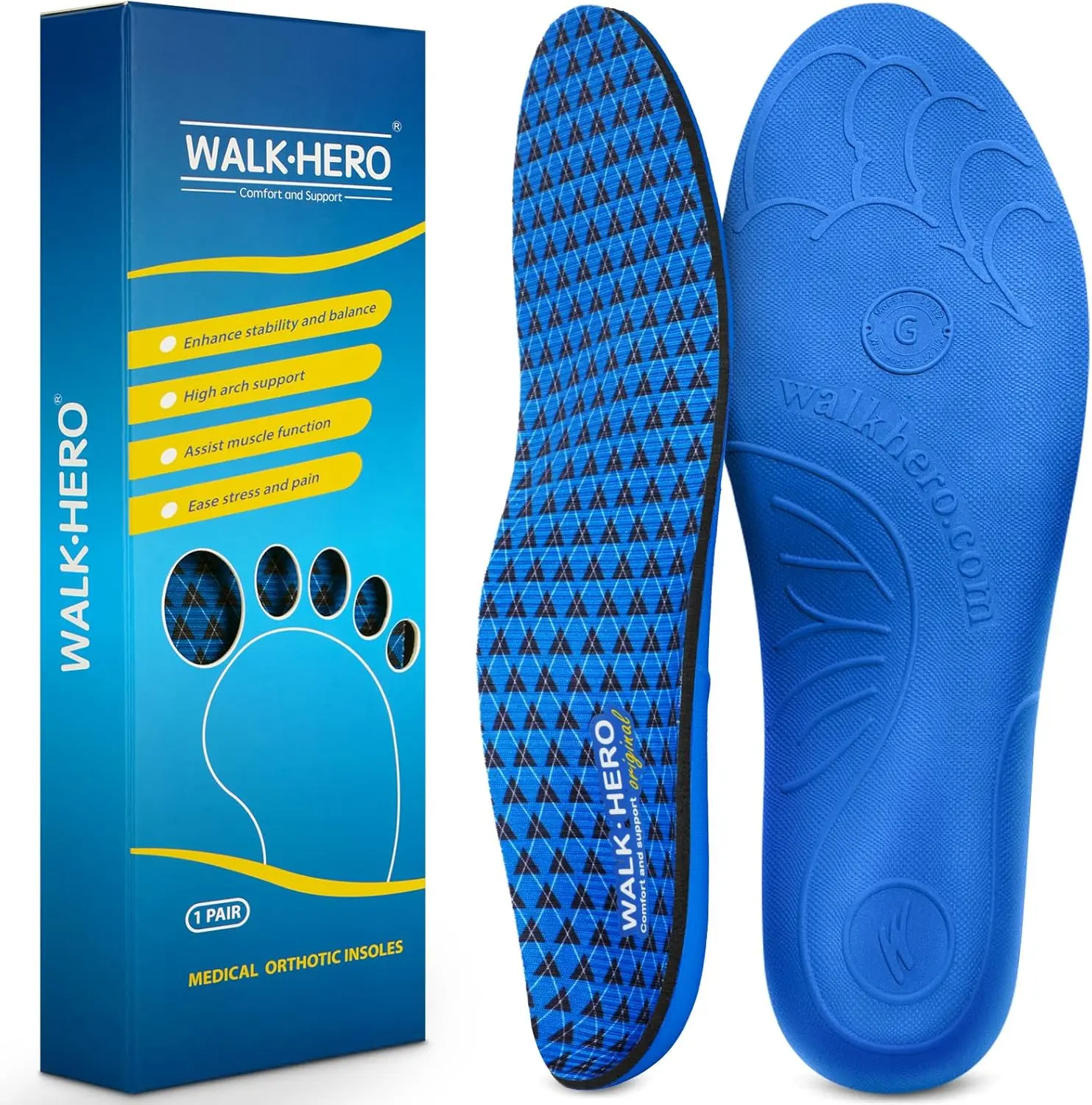 Walkhero Plantar Fasciitis Insoles - High Arch Support Inserts for Men and Women, Flat Foot Orthotic Insoles, Relieve Foot Pain and Fatigue Sports Insoles Footwear, Plantar Fasciitis Relief, Arch Fit Insoles & Heel Liners height boosters sohochic