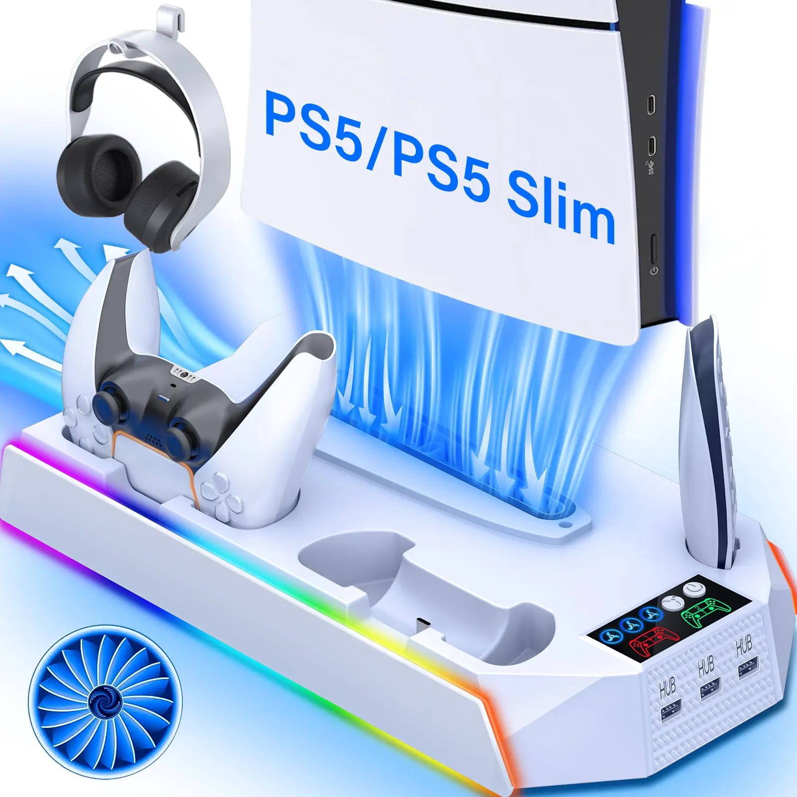 【Spring Gifts】PS5 Cooling Station Charging Base with RGB Modes, Vertical Stand for PS5 Standard/Slim/Pro All Series, 3-Speed Silent Fan, Disc & Digital Edition Compatible,PS5 Accessories