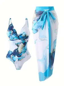 Women's 2-Piece Marble Print Swimsuit Set - Bow Front Bathing Suit with Sarong Swimsuit Coverup, Beach Outdoor Wear for Beach Vacation,summervibes