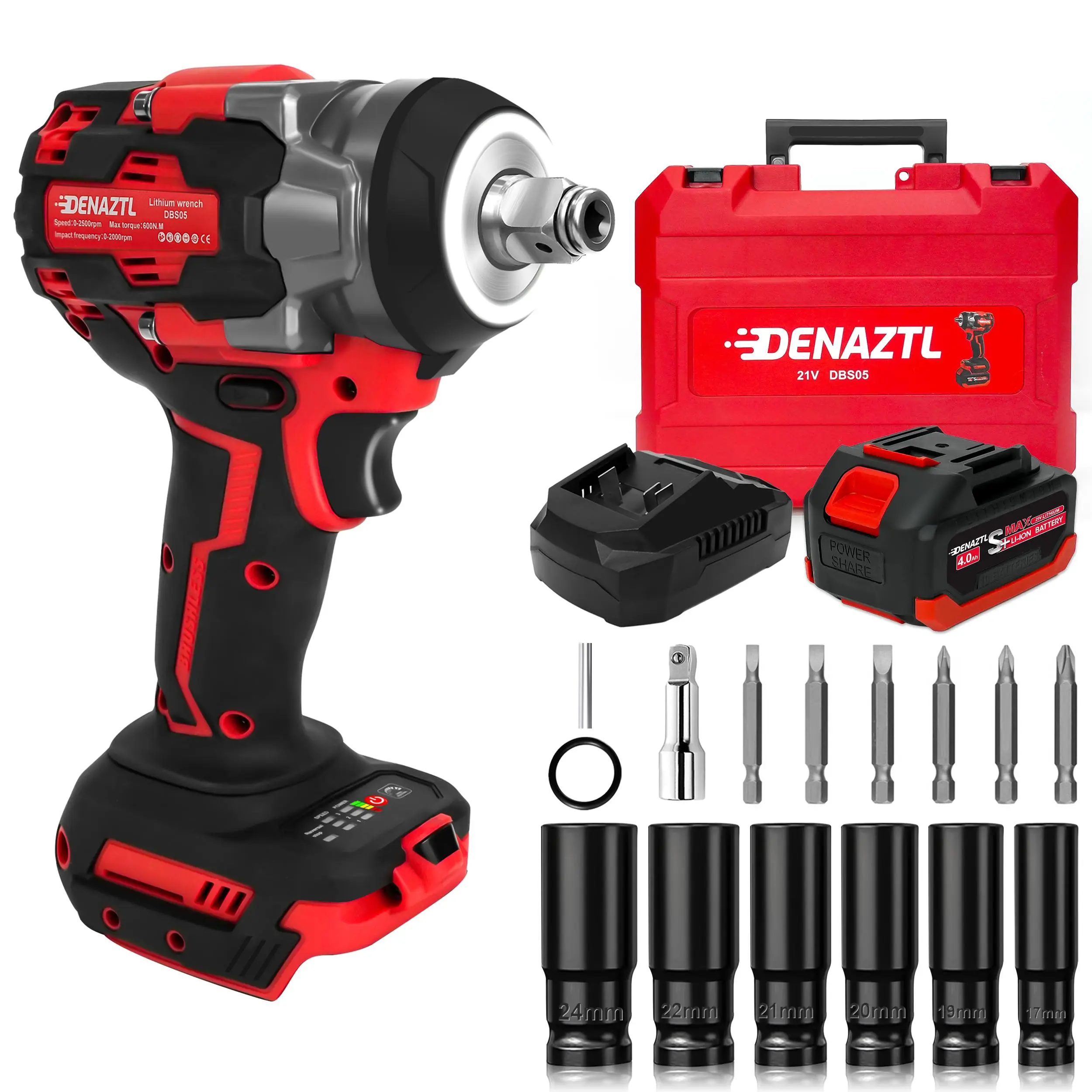 DENAZTL 21V Brushless Cordless Impact Wrench (1/2 in) Power Tool - 450 Ft-lbs (600N.m) High Torque Mechanic Tools Kit with 4.0Ah Lithium Battery, Fast Charger, 6 Sockets, Hardware Handle, Carrying Case, Shadowless LED for Car Maintenance, Car Lug Nuts, Po