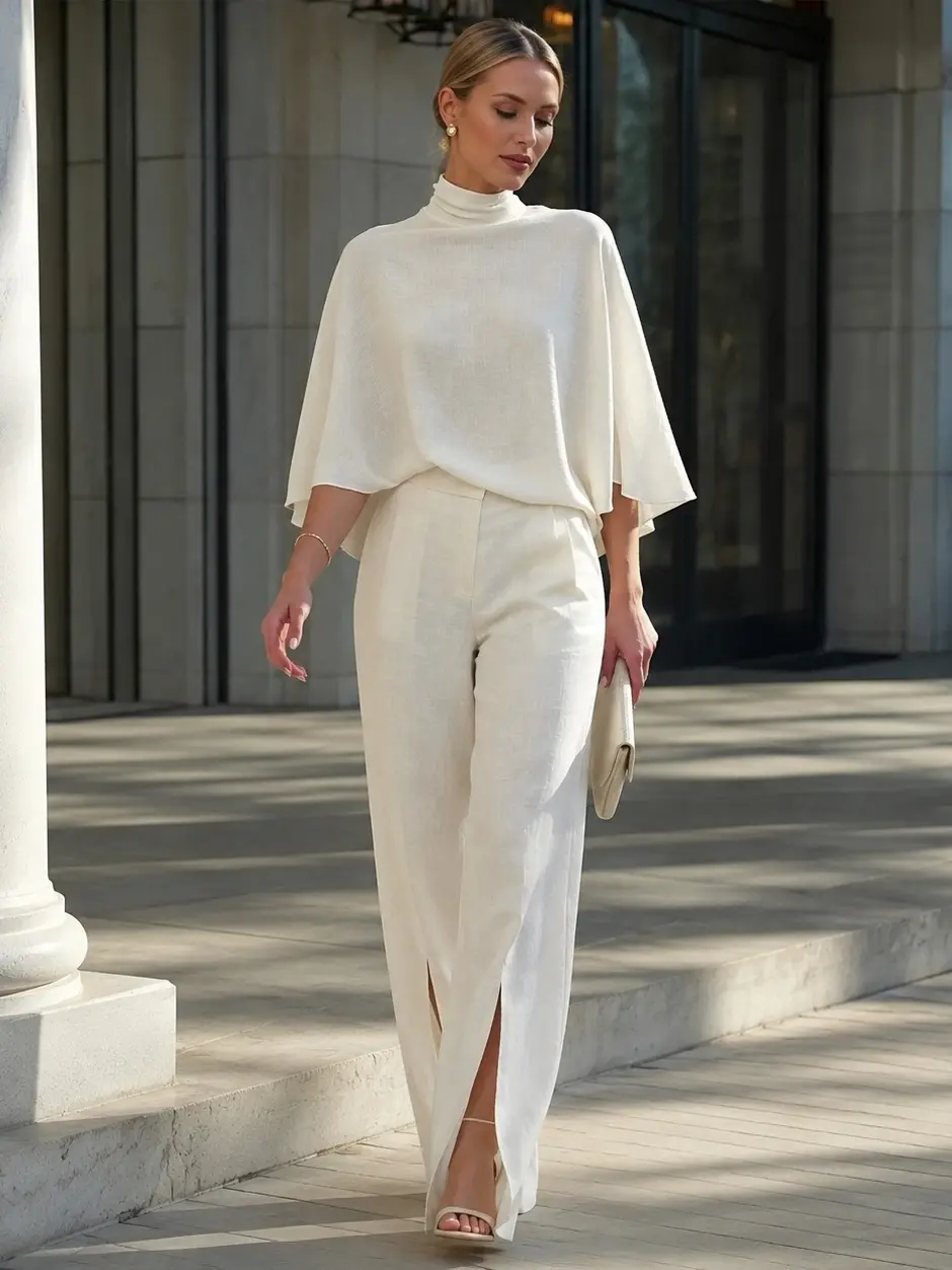 Women's 2-Piece Polyester Pantsuit Set - Mock Neck Cape Sleeves Top, High Waist Front Slit Long Pants, Polyester Clothes for Smart-Casual Occasions, Special Events, High Waisted Pants, Polyester Blend