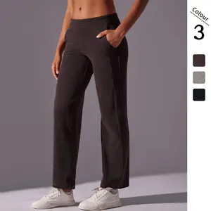 New!Clearance!Solid color corduroy ribbed casual pocket straight-leg pants, high-waisted, drapey, suitable for sports, running, and yoga, cropped length
