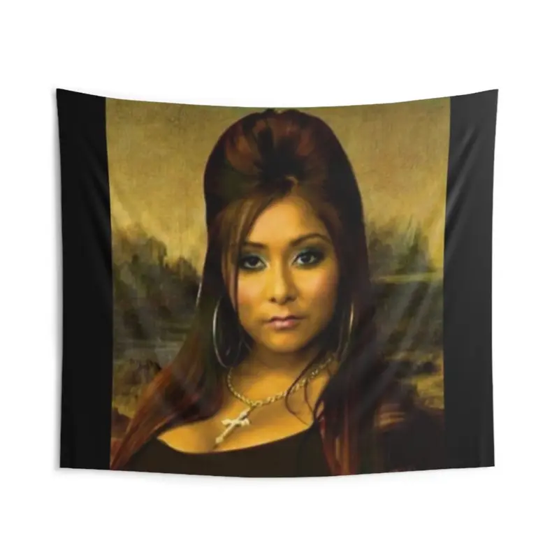 Snooki Print Mona Lisa Vintage Tapestry - Durable Decorative Tapestry, Black Background, Detailed Portrait, Knit Polyester Fabric, Horizontal Design, Indoor Room Decor, Machine Washable, Indoors