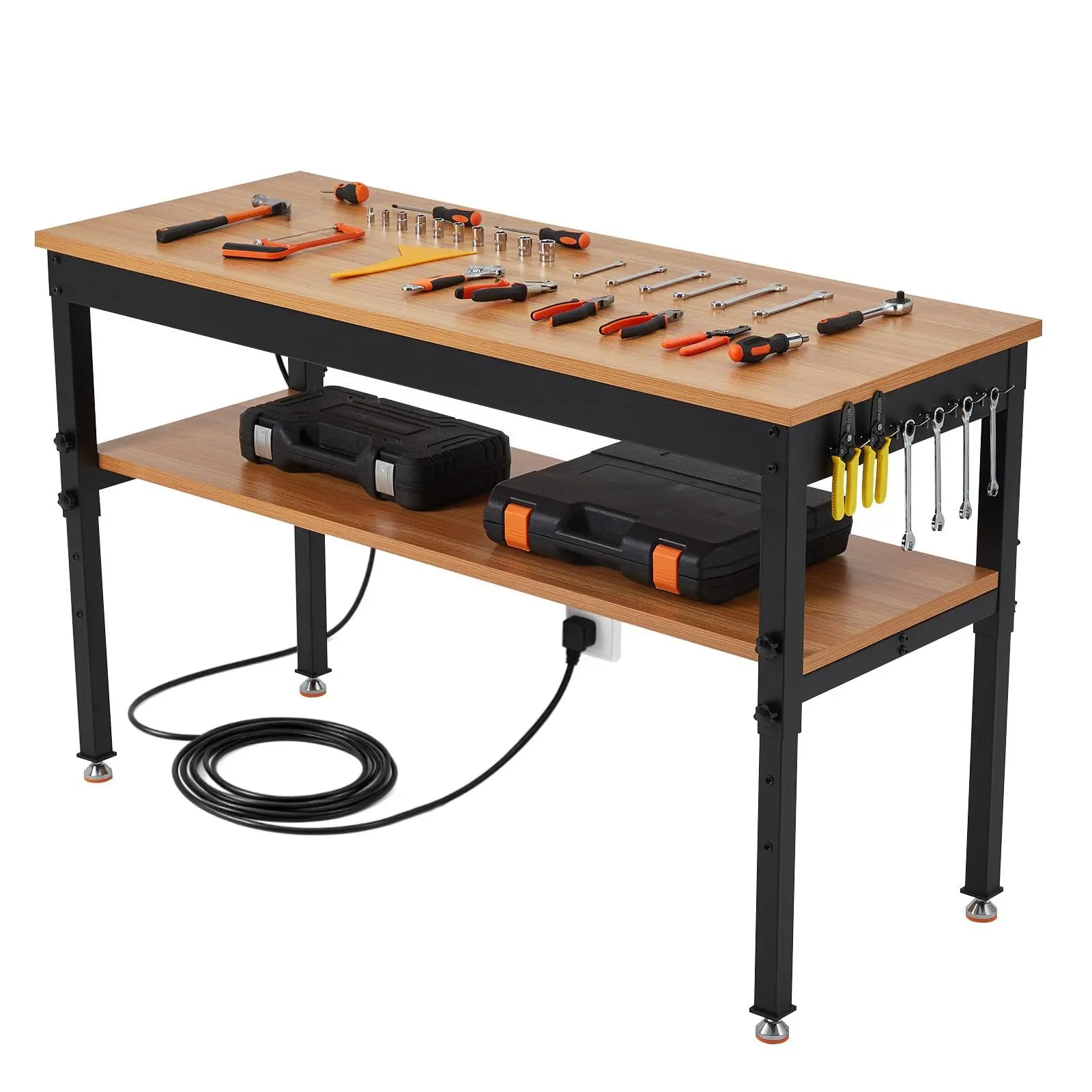 Heavy-Duty Adjustable Office Computer Desk with Storage Shelf and Power Outlet – 48 x 24 in Workbench, 2500 lbs Capacity, Two Tiers, Black & Natural Wood, No Wheels