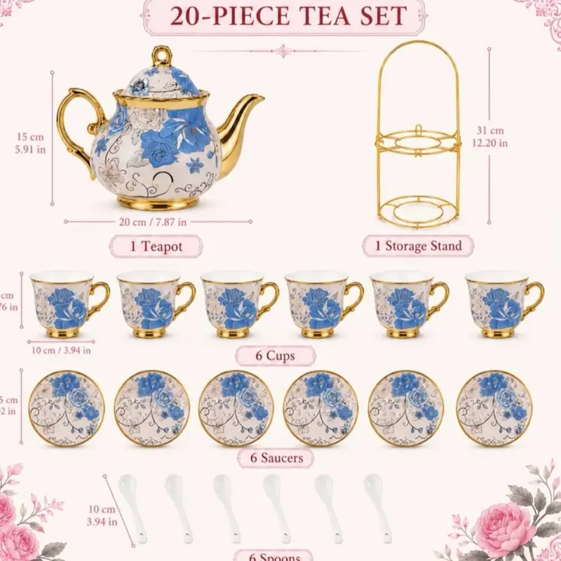 20-Piece European Porcelain Tea & Coffee Set with Metal Holder - Ceramic Teapot, Cups, Saucers, Spoons, Flower-Painted Kitchenware for Home Kitchen, Tea Parties