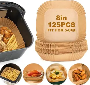 Air Fryer Paper Liners - 125Pcs Non-Stick Parchment Paper, Square Disposable for Microwave Use, Bleach Free (8IN) Bakeware Basket Round Silicone Utensils Oil Wood Wooden