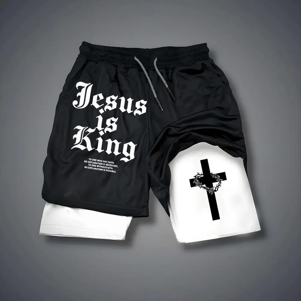 [Viral] Christian Clothing Double-Layer Sports Shorts Graphic Shorts Black Shorts Camo Shorts Streetwear Shorts Men Outfits Men Short Shorts Vacation Outfits Shorts