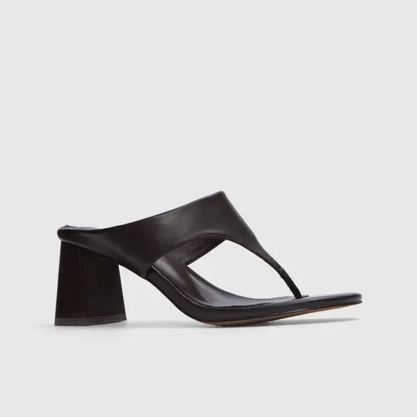 Women's Thong Sandals, Faux Leather Slip On Mules with 2.5" Block Heel, Square Open Toe Backless Dressy Summer Footwear, Sandal