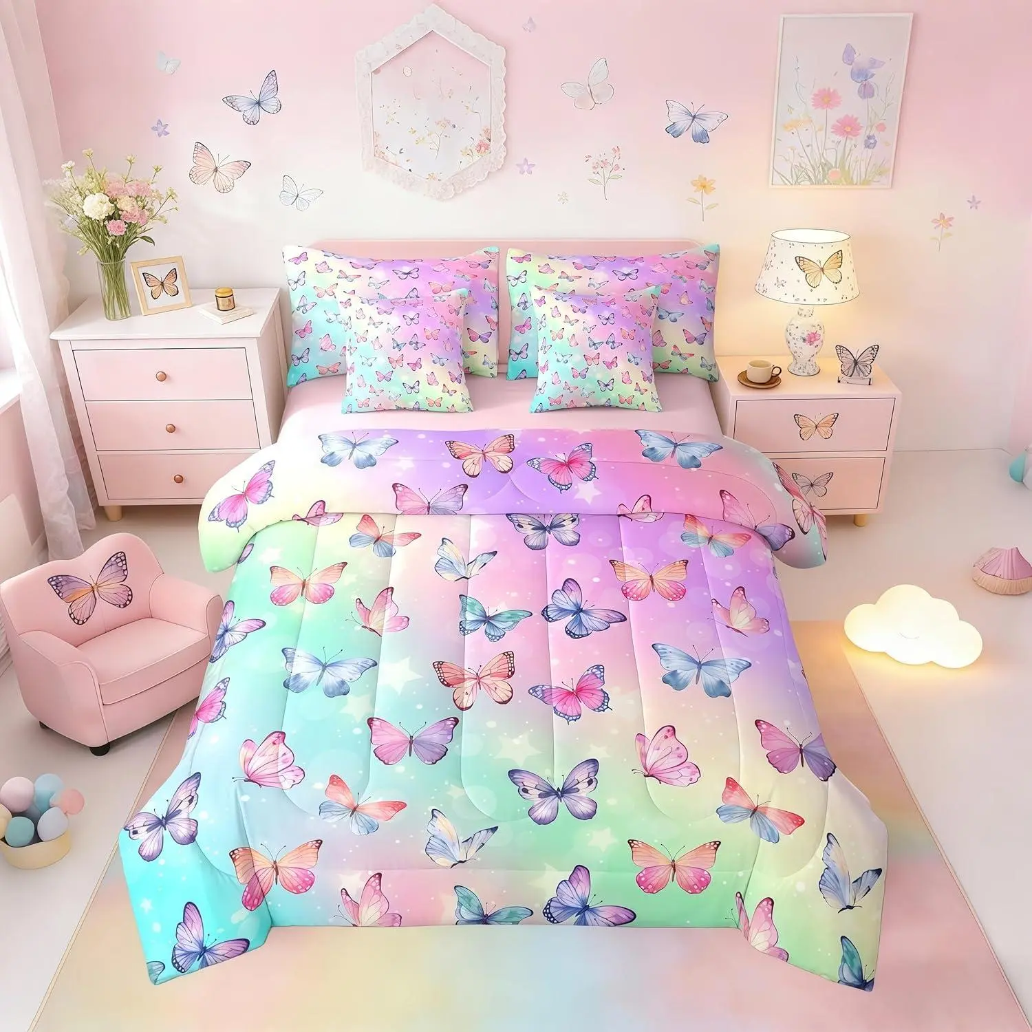 Feelyou 7-in-1 Ultra-Soft Microfiber Queen Comforter Set for Girls - Breathable Bed Cover, Fluffy Blanket, Pink-Blue Butterfly Comforter, Purple Rainbow Gradient Fitted & Flat Sheets (Halloween, Father's Day Ready) Bedding Sets Collections