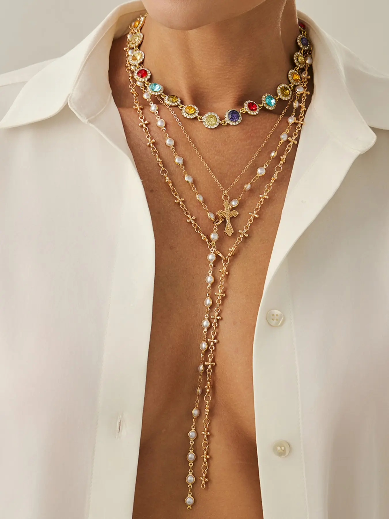 Boho Style Alloy Chain Necklace Set, Colorful Crystal Pendant Jewelry for Women, Necklace Stack, Stackable Necklace