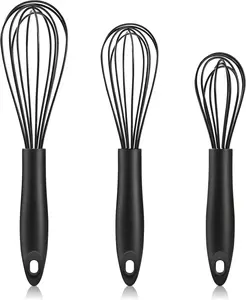 Whisk,Heat Resistant Non Scratch Whisks Set of 3,Stainless Steel &  Wisk for Cooking,Kitchen Whisk For Nonstick Cookware,Balloon Egg Whisk  for Blending,Beating,Frothing-Black