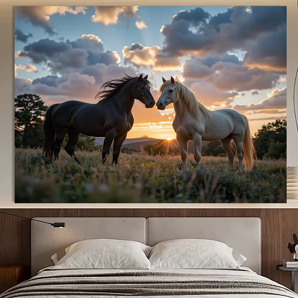 Durable Polyester Tapestry - Vintage Room Decor, 1 Retro Wall Hanging with Horse & Grassy Pastoral Sunset Scene, Easy to Clean, High-Def Print Captures Sunset Hues, 1 Tapestry Upgrades Wall/Sofa/Bed, Gift for Girls & Living Room Festival Decor