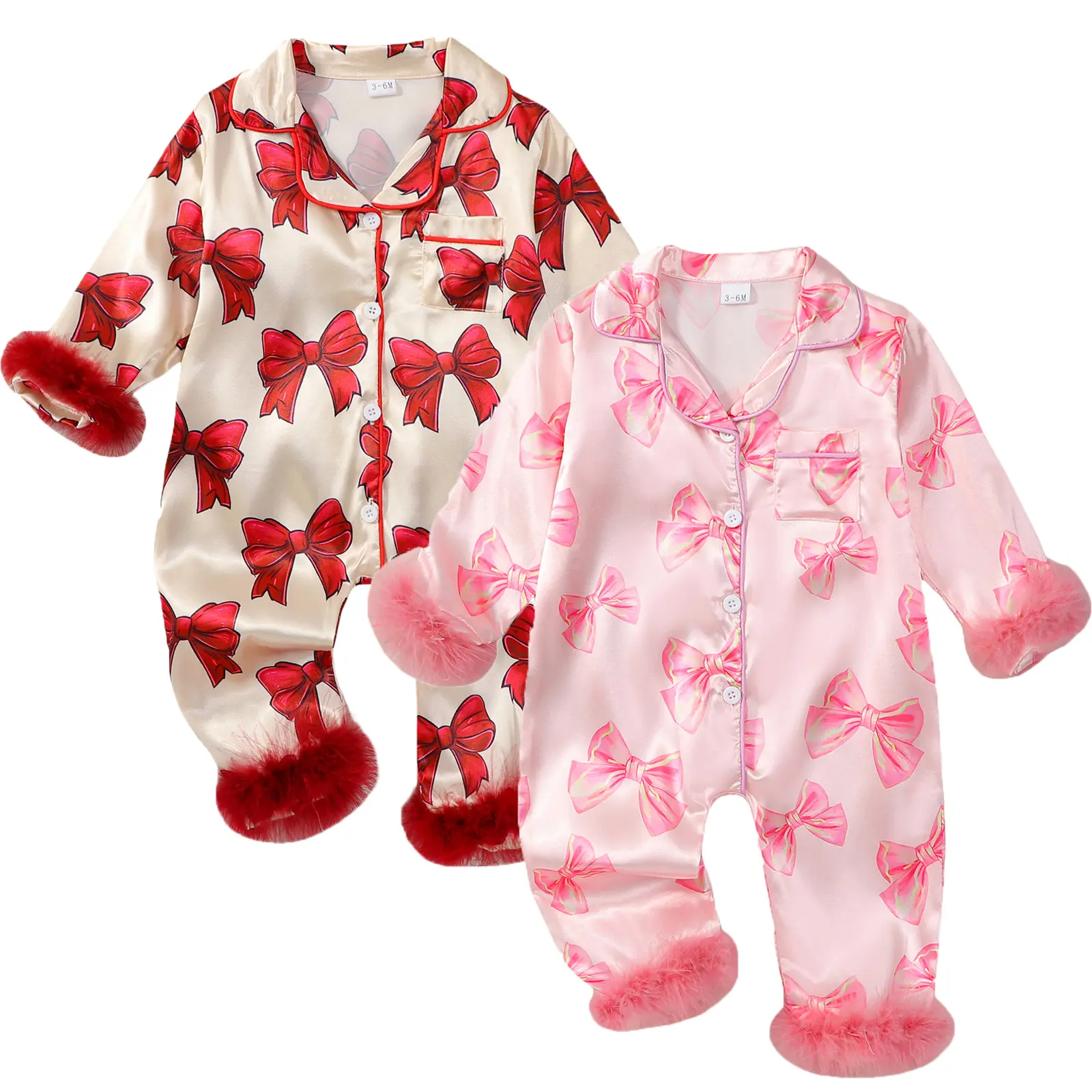 Infant Baby Girls' Satin Long-Sleeve Bow Print Furry Trim Button-Up Jumpsuit, Baby Clothing Sleepwear Loungewear